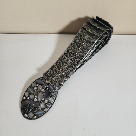Gunmetal Stretch Belt Womens S/M Western Cowgirl Stone Rhinestones Metal Buckle - Picture 14 of 15